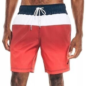 Nautica Men's Colorblocked Quick-Dry 18" Board Shorts in Navy/White/Red Size S